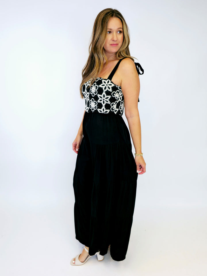 FLORAL EMBROIDERED TIERED LEG JUMPSUIT - BLACK