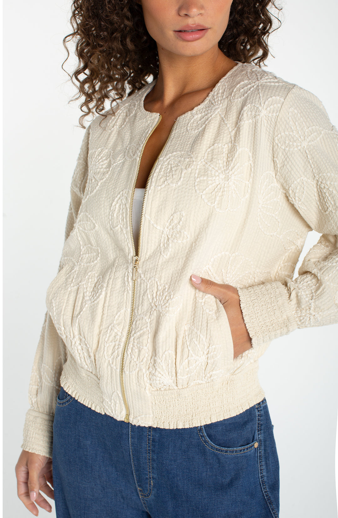 LONG SLEEVE COLLARLESS JACKET W/SMOCKING - PALE SAND