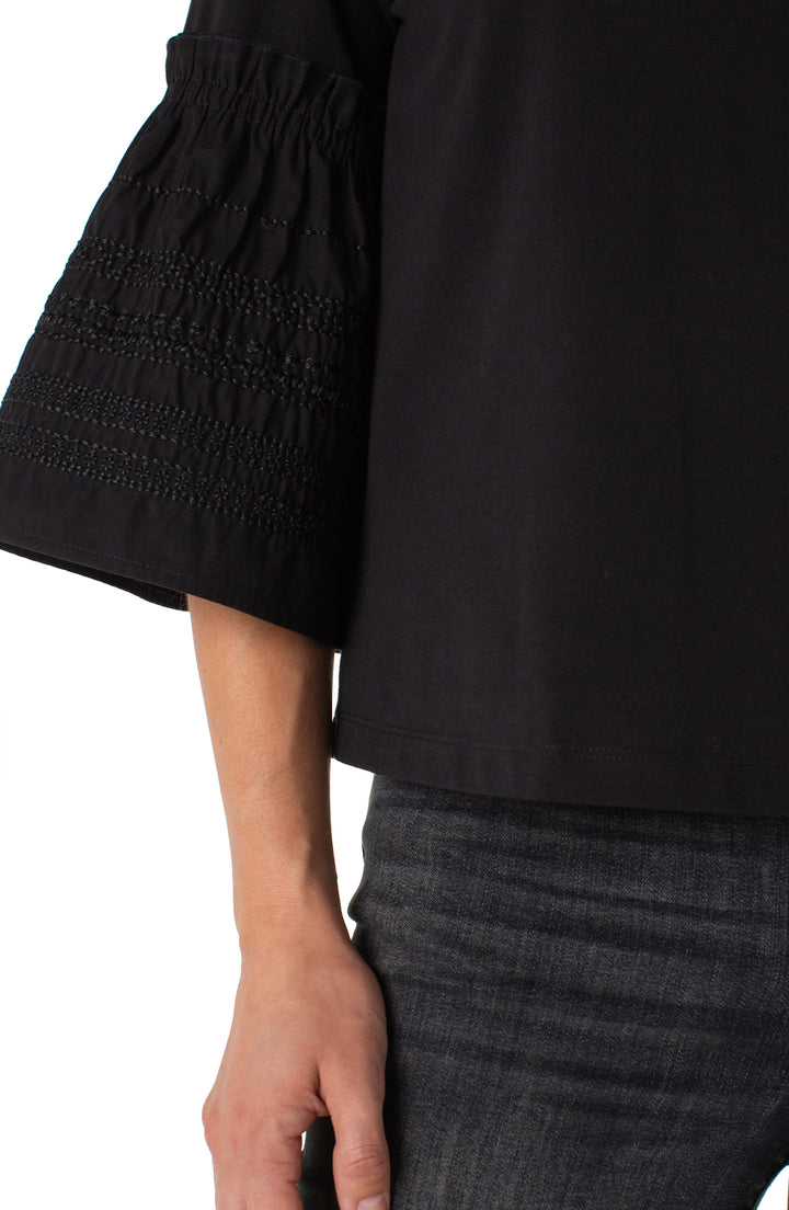 3/4 SLEEVE EMBROIDERED KNIT WOVEN TOP - BLACK