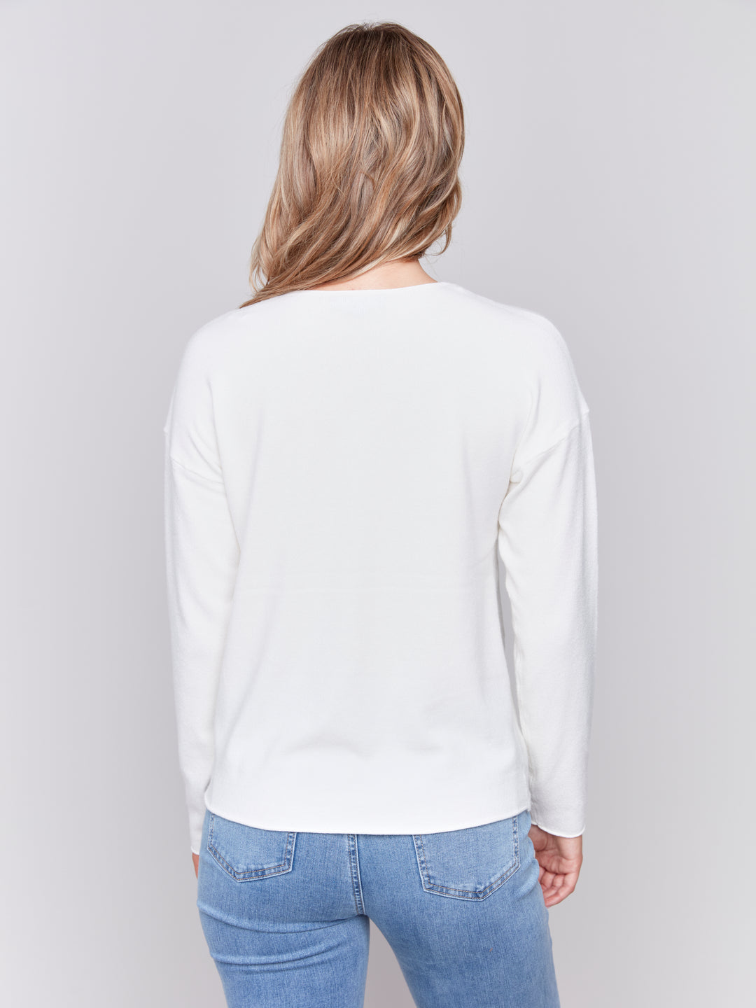 LONG SLEEVE V-NECK TOP WITH FRONT KNOT - ECRU