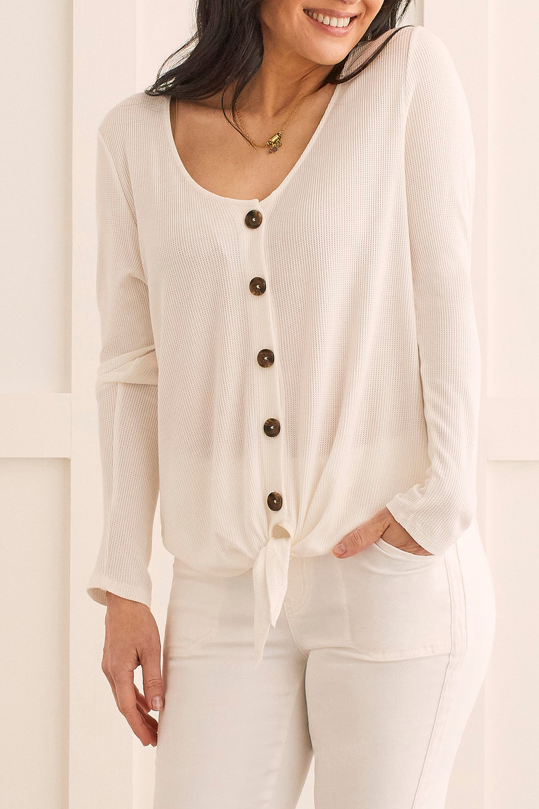 V-NECK TOP W/ BUTTONS & TIE FRONT - CREAM