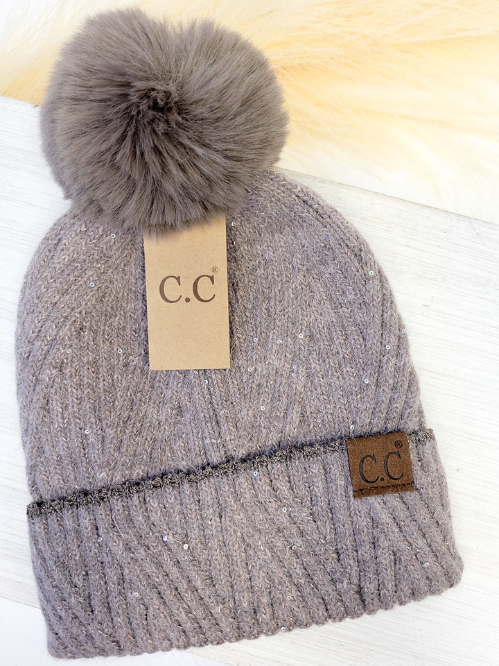 SEQUIN POM BEANIE HAT , TAUPE