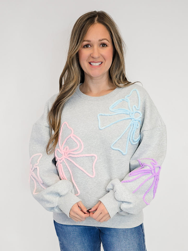 3-D YARN COLORFUL BOWS SWEATSHIRT - GREY