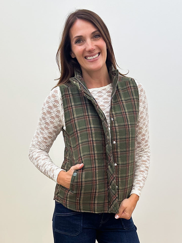 POLAR COLLAR ZIP UP PLAID PUFFER VEST - OLIVE