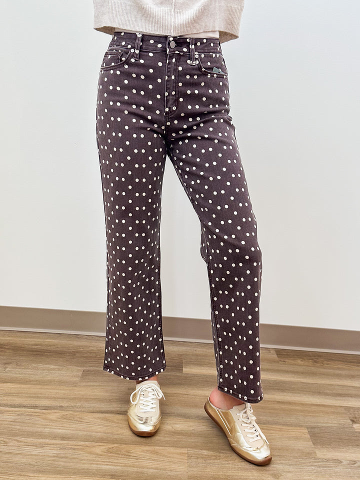 JBD HR VINTAGE STRAIGHT JEANS 28" INSEAM - BROWN POLKA DOT
