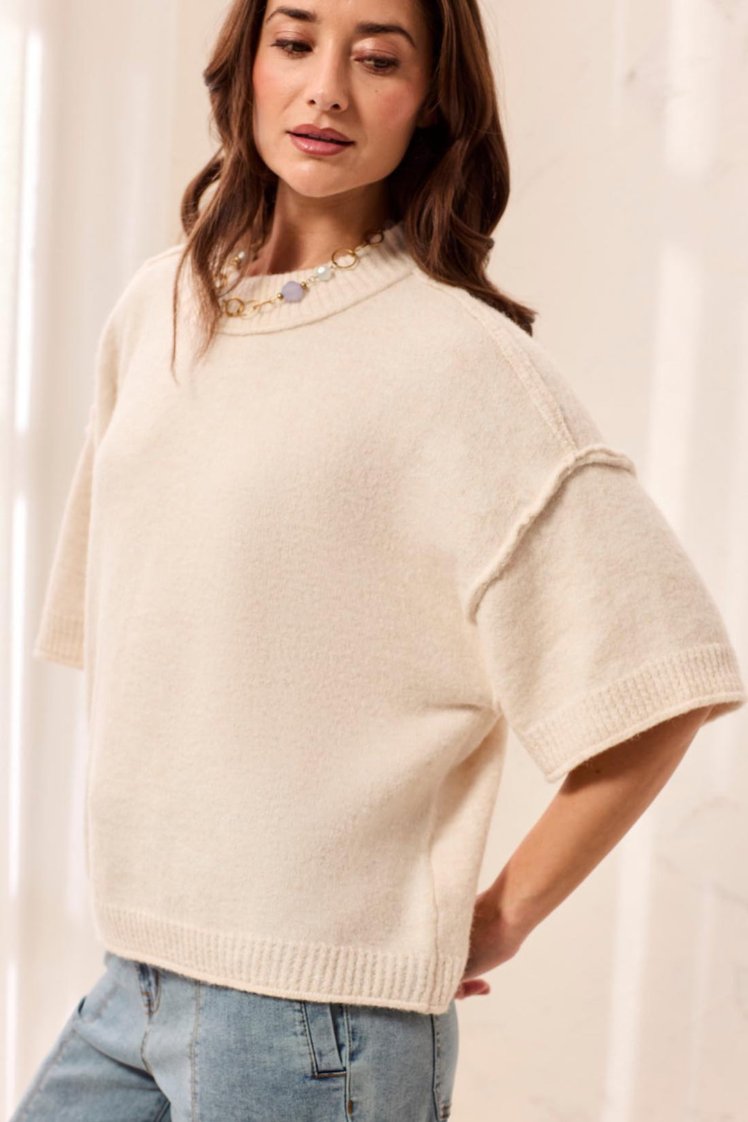 LOFTY ELBOW SLEEVE CREW NECK SWEATER - H CREAM