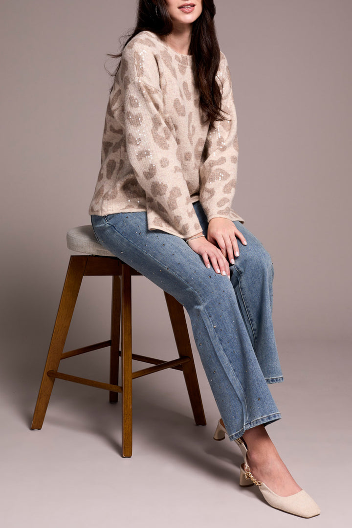LONG SLEEVE CREW NECK SWEATER W/SEQUINS - SANDSTONE