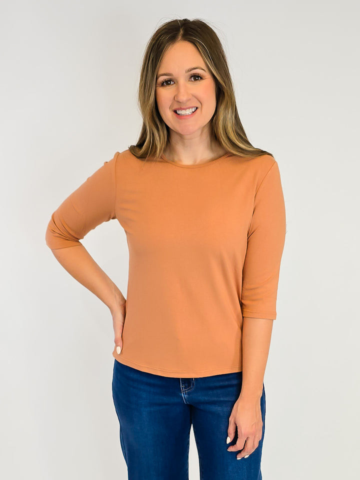 ELBOW SLEEVE SOLID KNIT TOP - CARAMEL