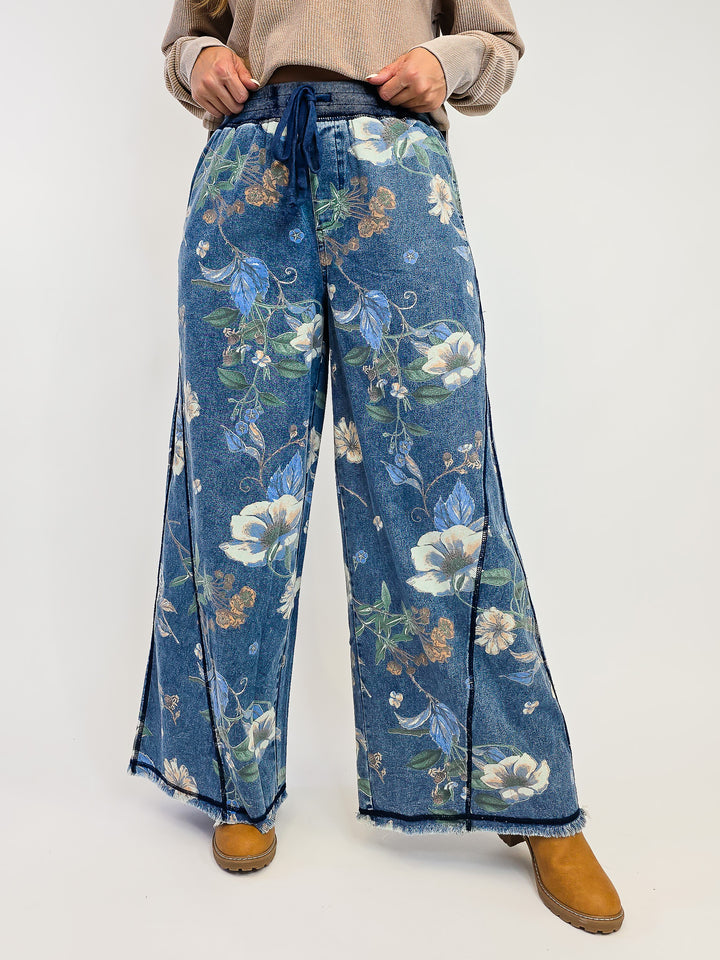 FLORAL PRINT WASHED DENIM WIDE LEG PANTS - BLUE