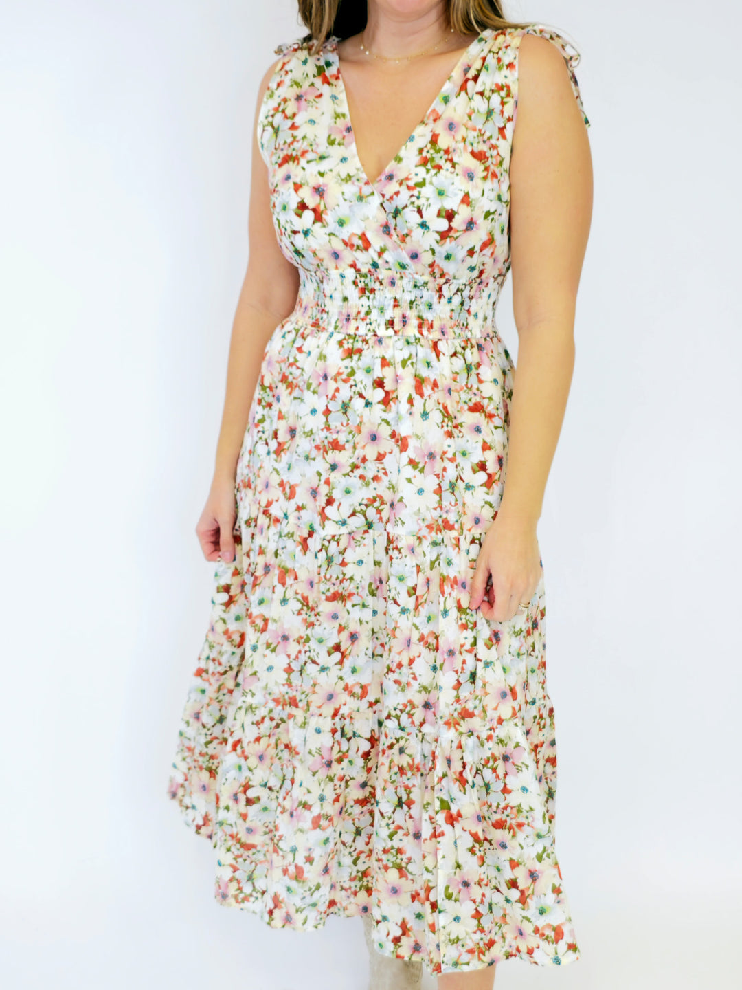 FLORAL V-NECK MIDI DRESS - POPPY