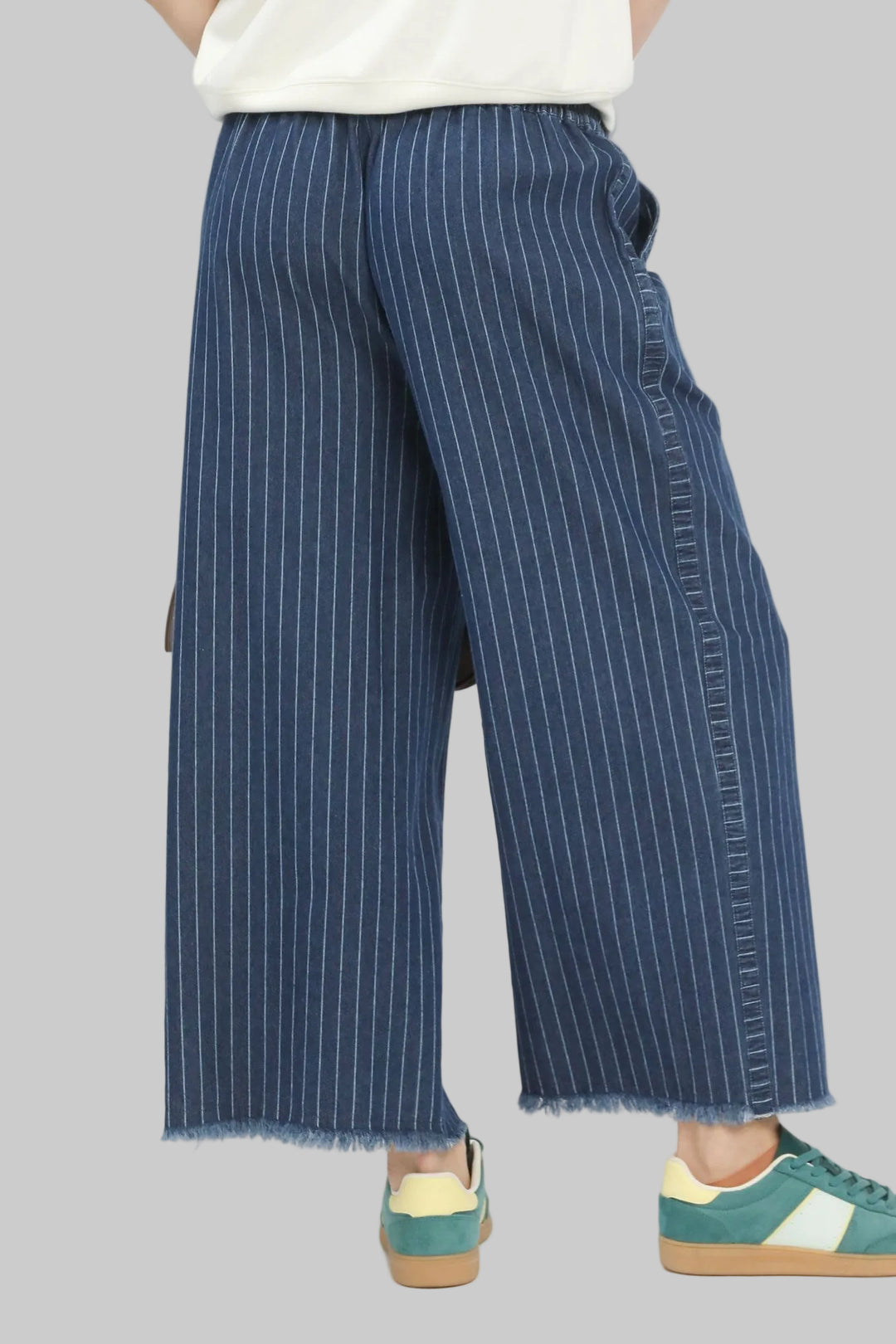 DENIM PINSTRIPE WIDE LEG PANTS - DARK DENIM