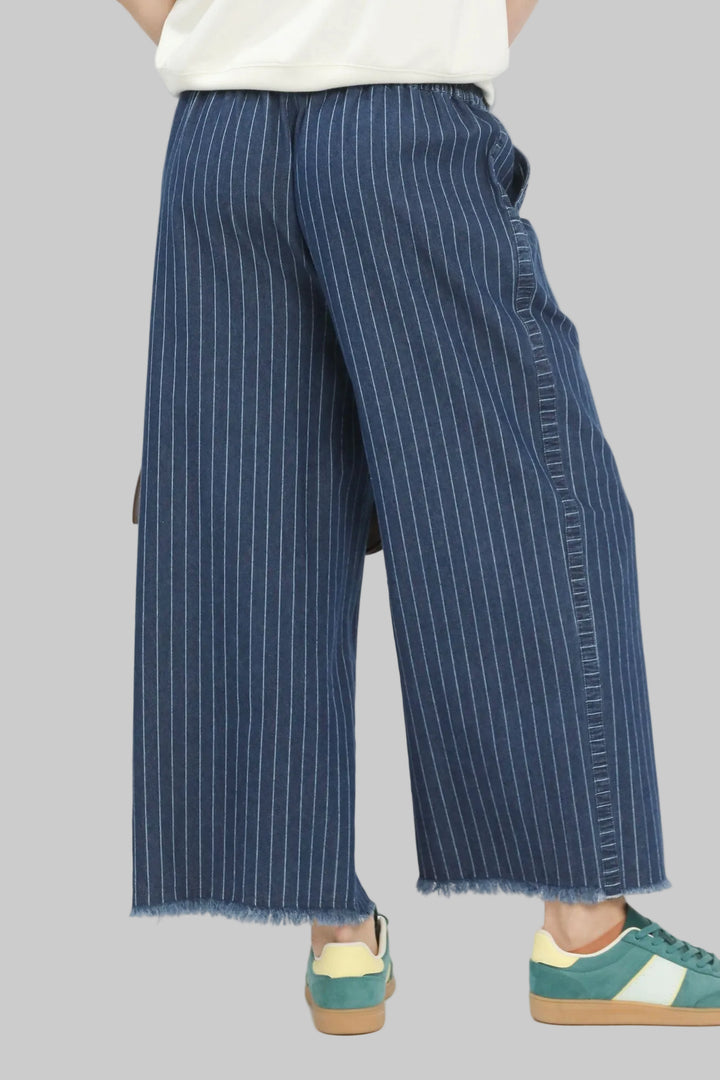DENIM PINSTRIPE WIDE LEG PANTS - DARK DENIM