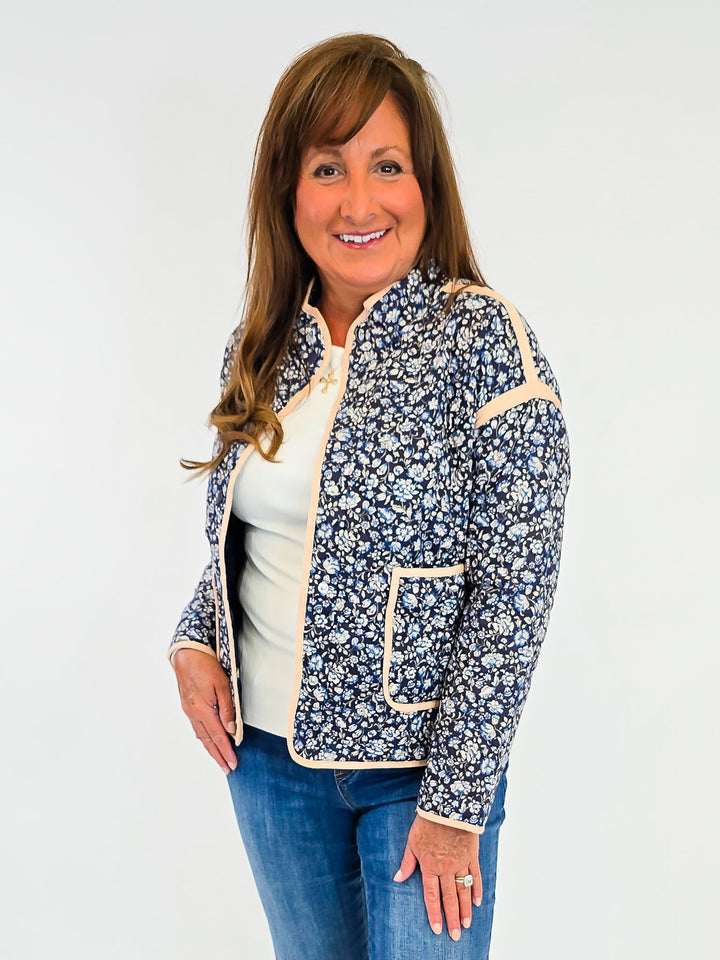QUILTED LONG SLEEVE FLORAL JACKET - NAVY