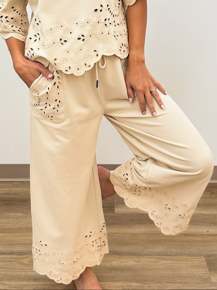 EMBROIDERY DETAIL TERRY KNIT PANTS - NATURAL