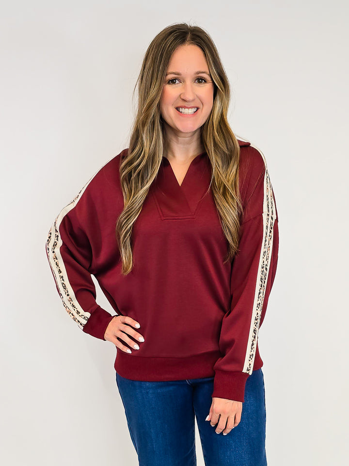 LUXEKNIT PULLOVER SWEATSHIRT W/LEOPARD TRIM - MAHOGANY