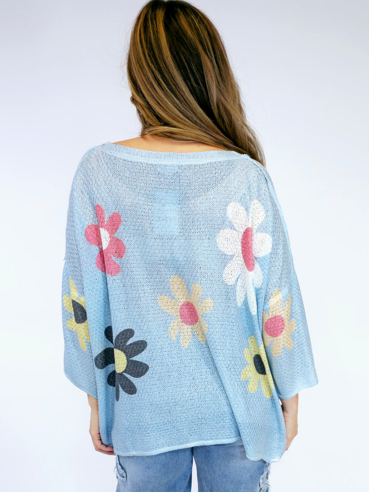 COLORFUL FLOWER PRINT LIGHTWEIGHT SWEATER - BABY BLUE