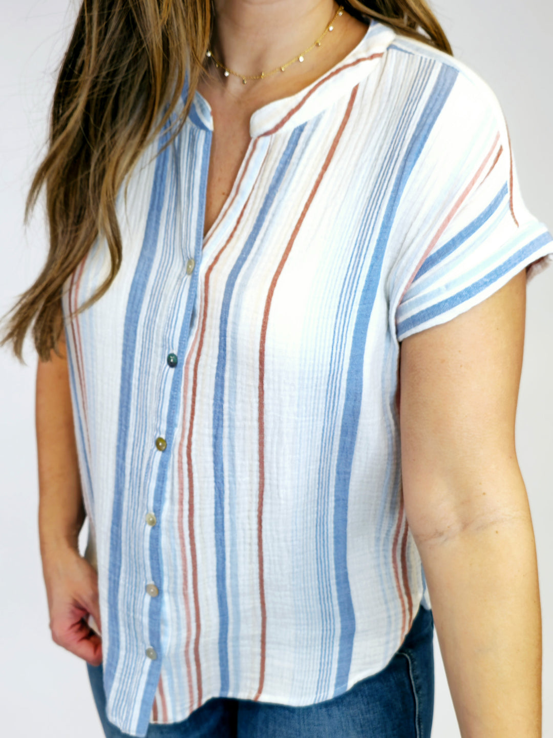 STRIPED GAUZY BUTTON UP CAP SLEEVE TOP - CHAMBRAY