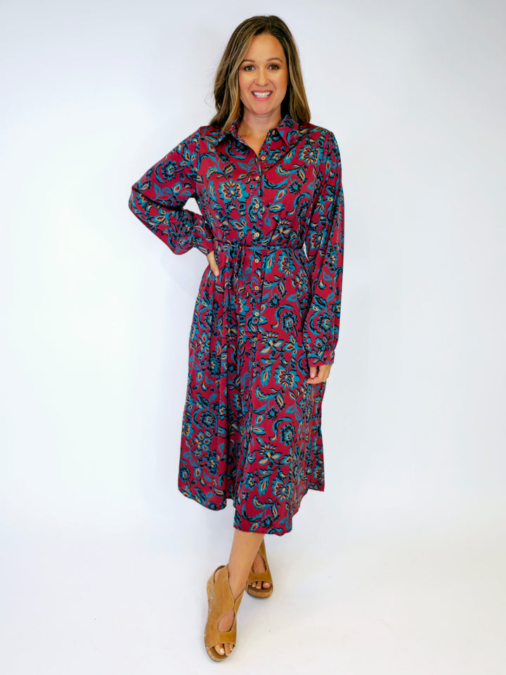 FLORAL PRINTED SHIRT DRESS W/BELT - RED BEAN