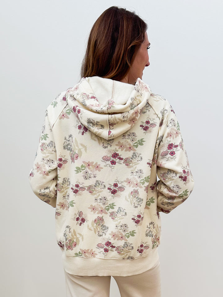 BRUSHED TERRY FLORAL HOODIE PULLOVER - ECRU