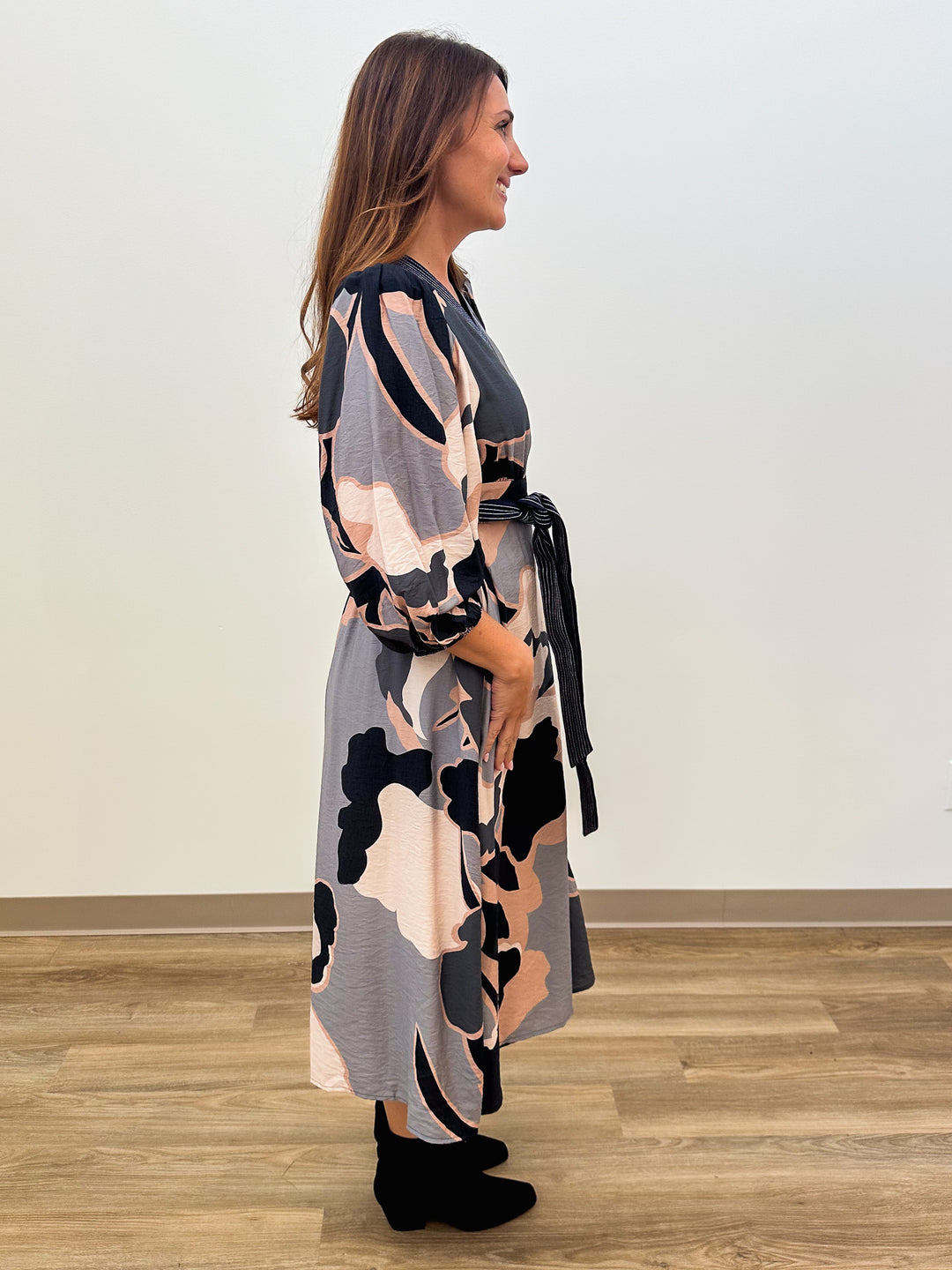 BALLOON SLEEVE CONTRAST TRIM MIDI DRESS - BLACK GREY