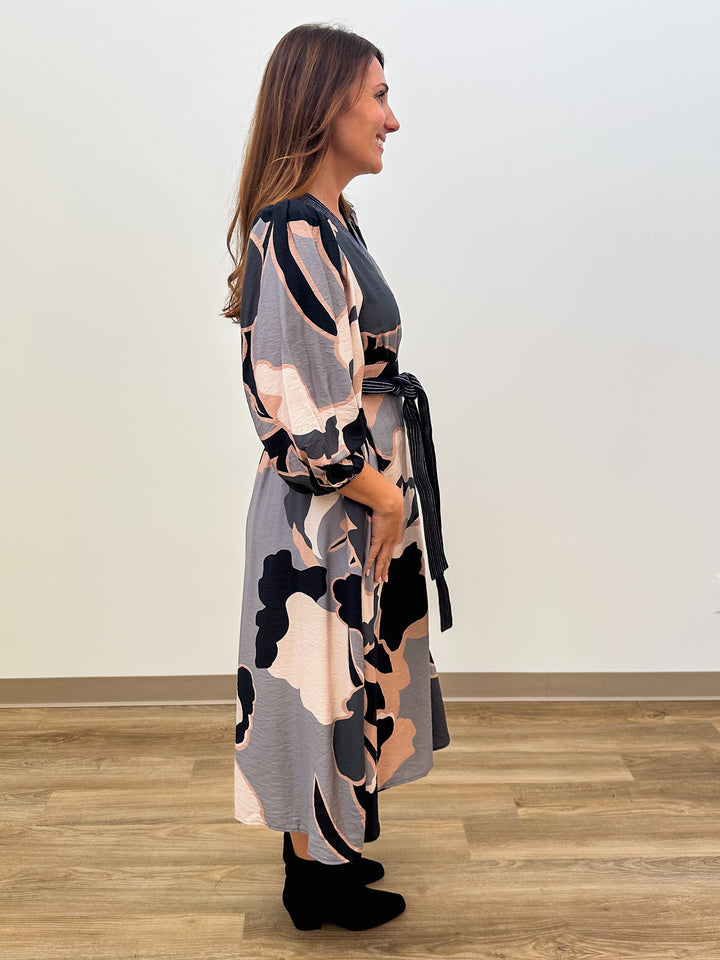 BALLOON SLEEVE CONTRAST TRIM MIDI DRESS - BLACK GREY