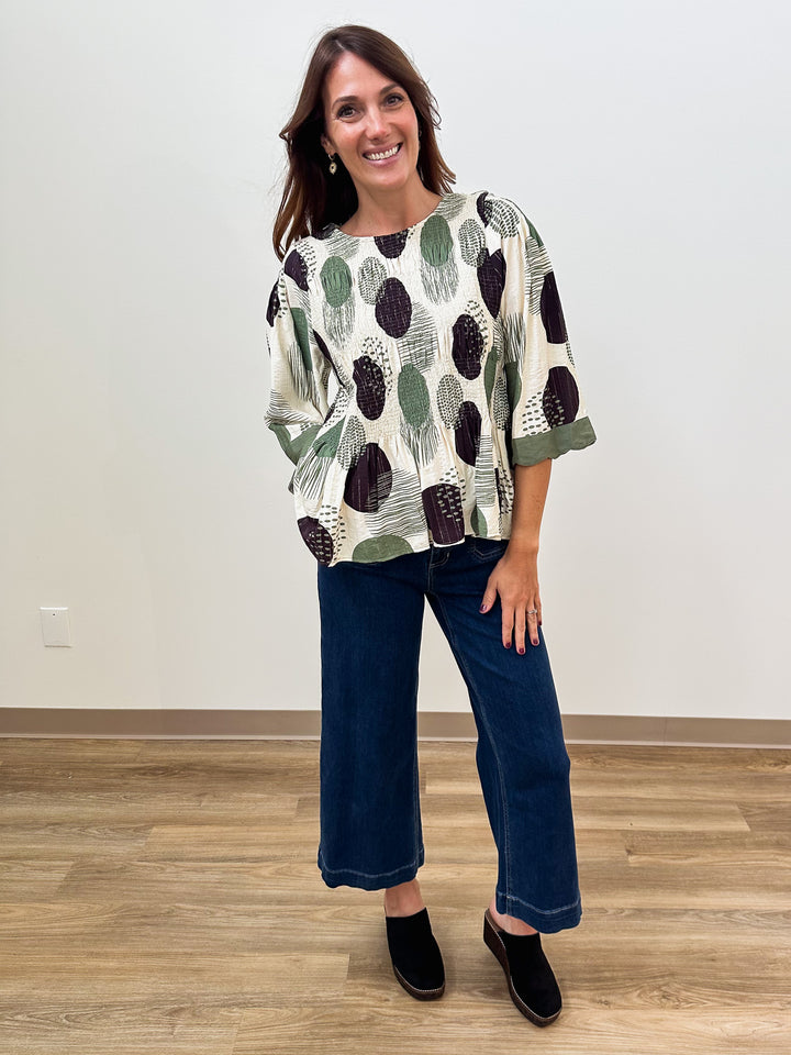 3/4 SLEEVE ABSTRACT DOT SMOCKED PEPLUM TOP - OLIVE