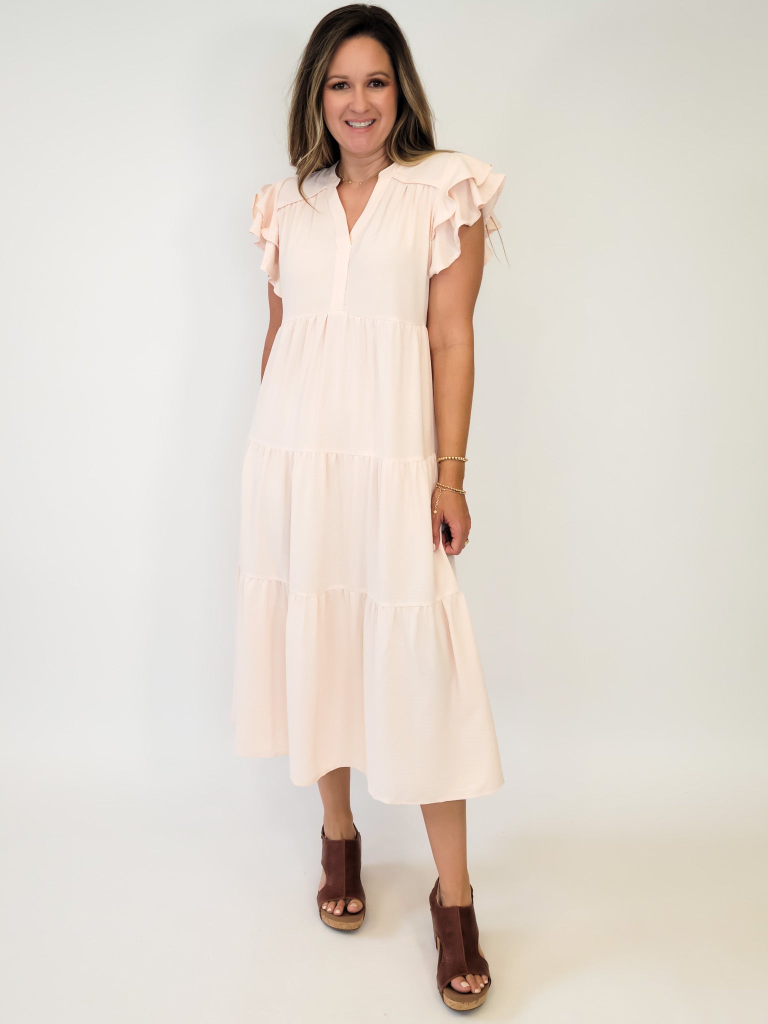 SPLIT NECK A LINE TIERED MIDI DRESS W RUFFLE SLEEVES EGGSHELL CREAM Brianne s Boutique