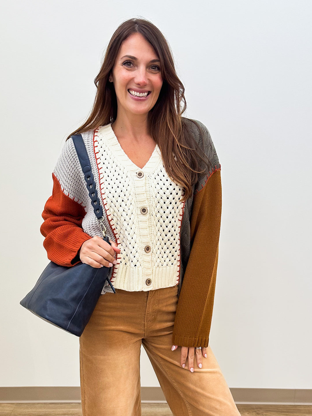 COLOR BLOCKED KNIT BUTTON UP SWEATER - IVORY MIX