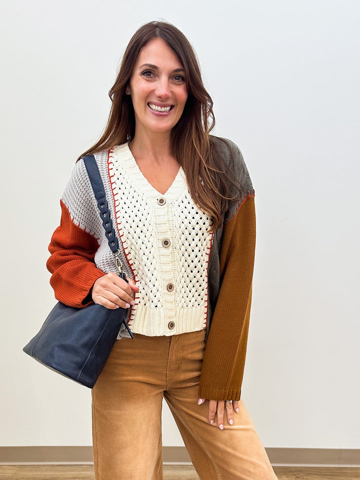 COLOR BLOCKED KNIT BUTTON UP SWEATER - IVORY MIX