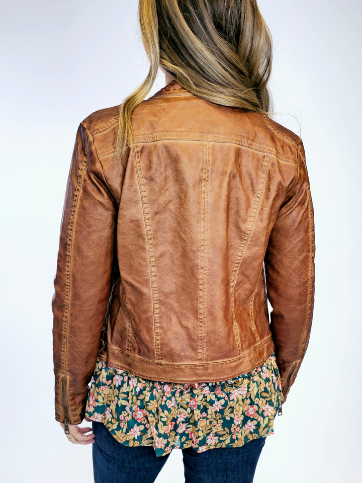 GARMENT DYE VEGAN LEATHER JACKET - TOBACCO