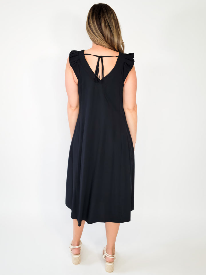 TIE BACK FLUTTER SLEEVE SOLID DRESS - BLACK