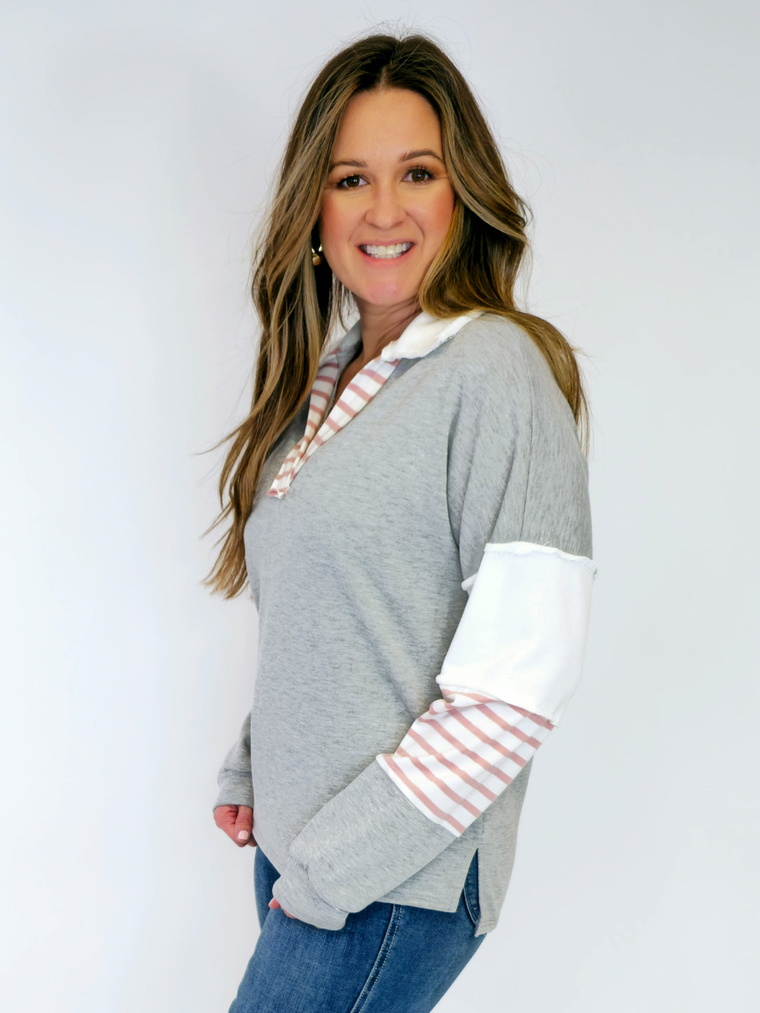 LONG SLEEVE COLOR BLOCK COLLARED TOP - PINK/GREY