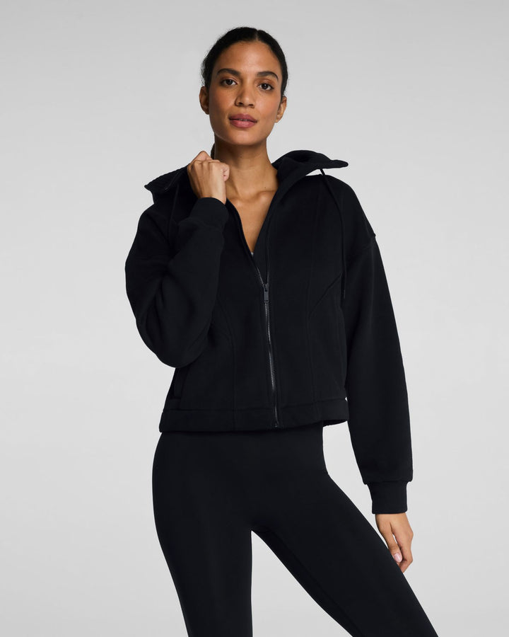 SPANX BOOSTUP COTTON FLEECE FULL ZIP HOODIE - VERY BLACK