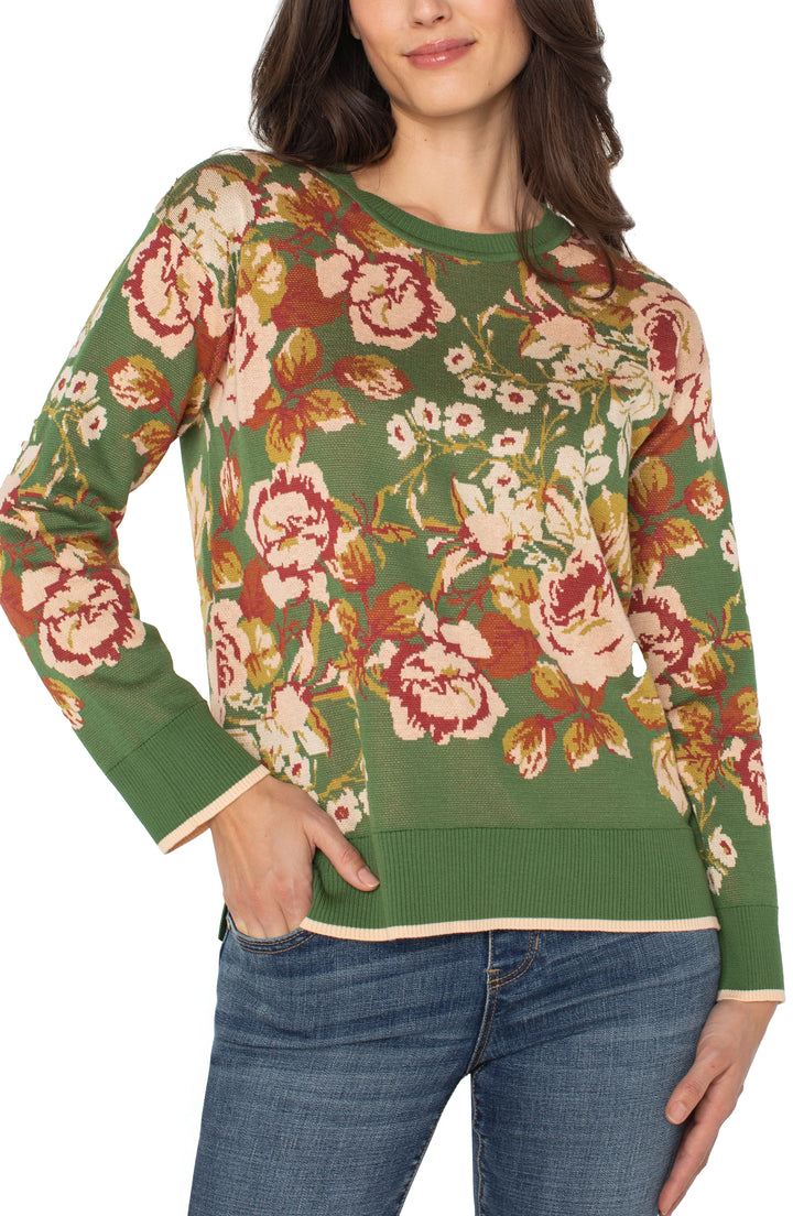 LONG SLEEVE CREW NECK SWEATER - GREEN FLORAL