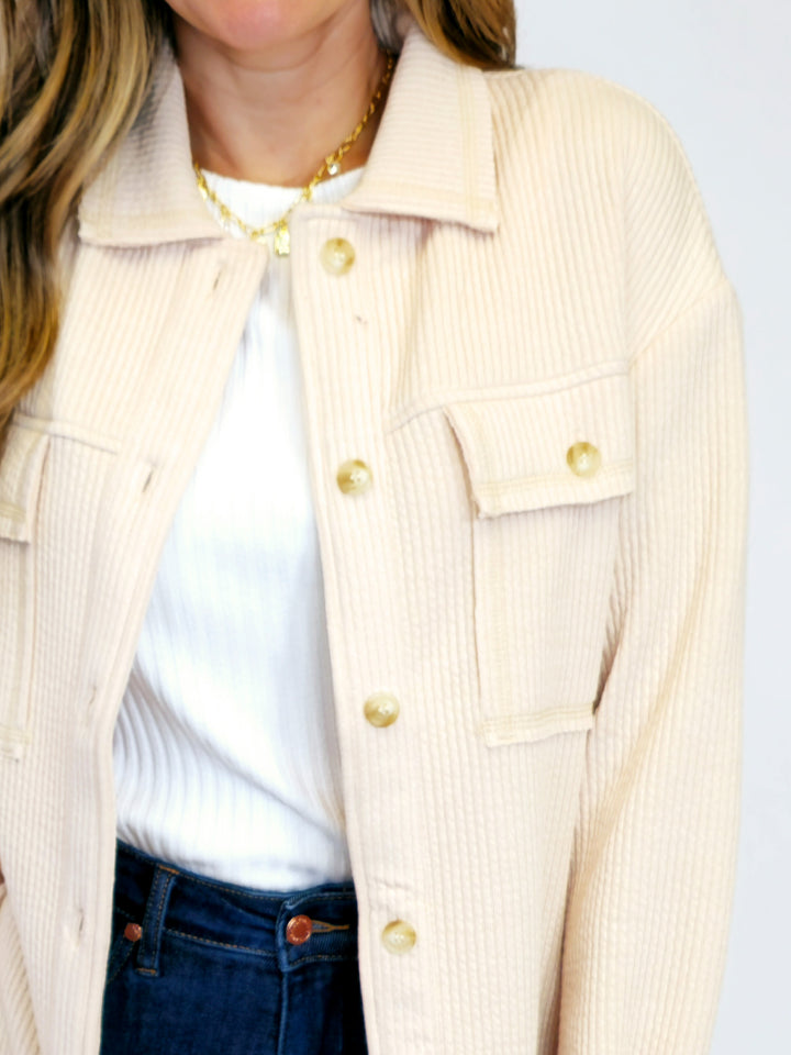 RIBBED KNIT BUTTON DOWN SHACKET - OATMEAL