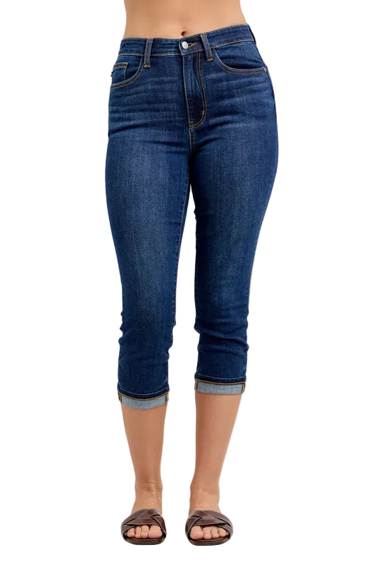 JUDY BLUE HW SINGLE CUFF CAPRI - 22" INSEAM - DARK