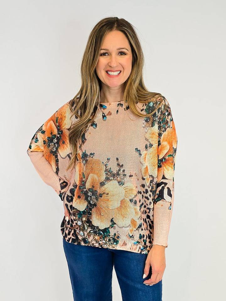 COTTON KNIT PULLOVER  - ONE SIZE - FALL FLORAL/ANIMAL PRINT (TAN)