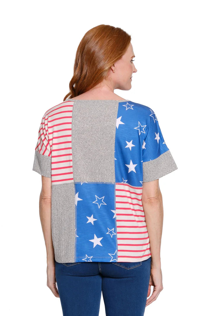 DOLMAN SHORT SLEEVE SCOOP NECK TOP - STARS/STRIPE BLOCKED RWB