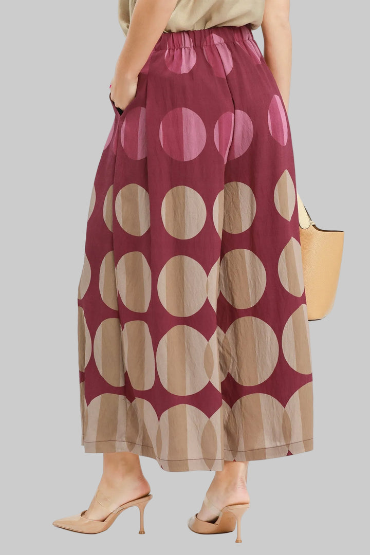 PRINTED WIDE LEG PULL ON CROPPED PANTS - BURGUNDY MIX