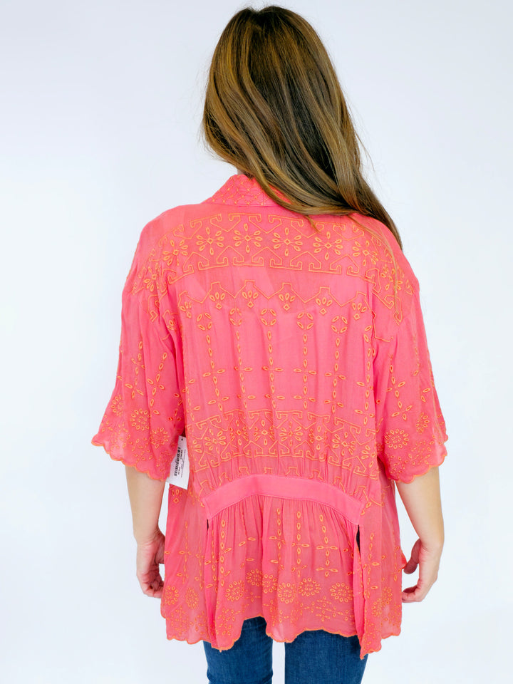 SHORT SLEEVE EMBROIDERED CARDIGAN - CORAL