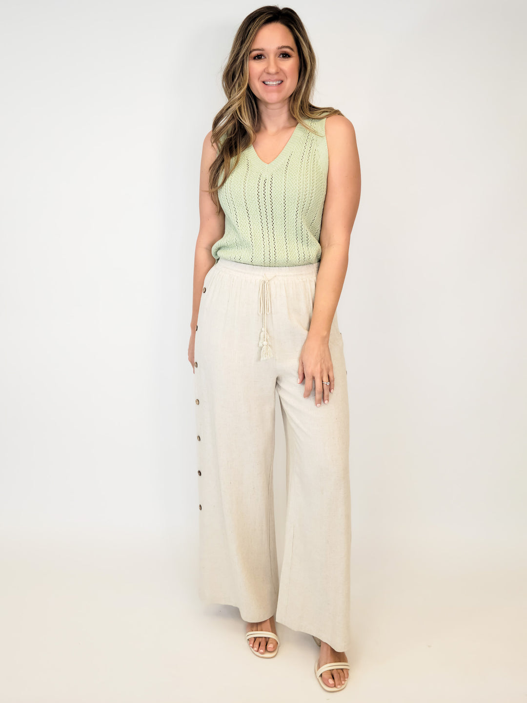 WIDE LEG PULL ON PANT W/SIDE BUTTONS - OATMEAL