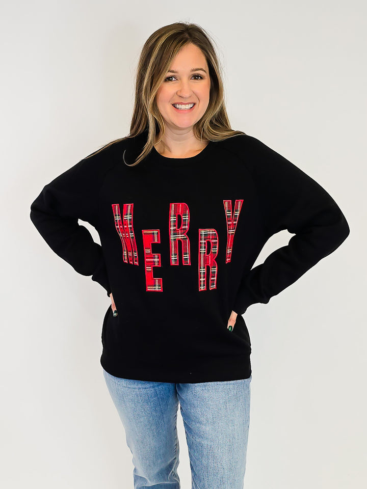 MERRY RED PLAID LETTER SWEATSHIRT - BLACK