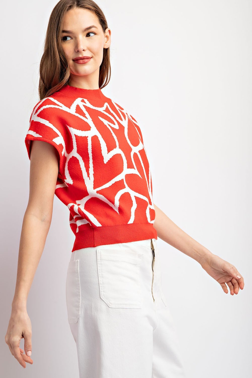 SHORT SLEEVE HEART PATTERN TOP - TOMATO