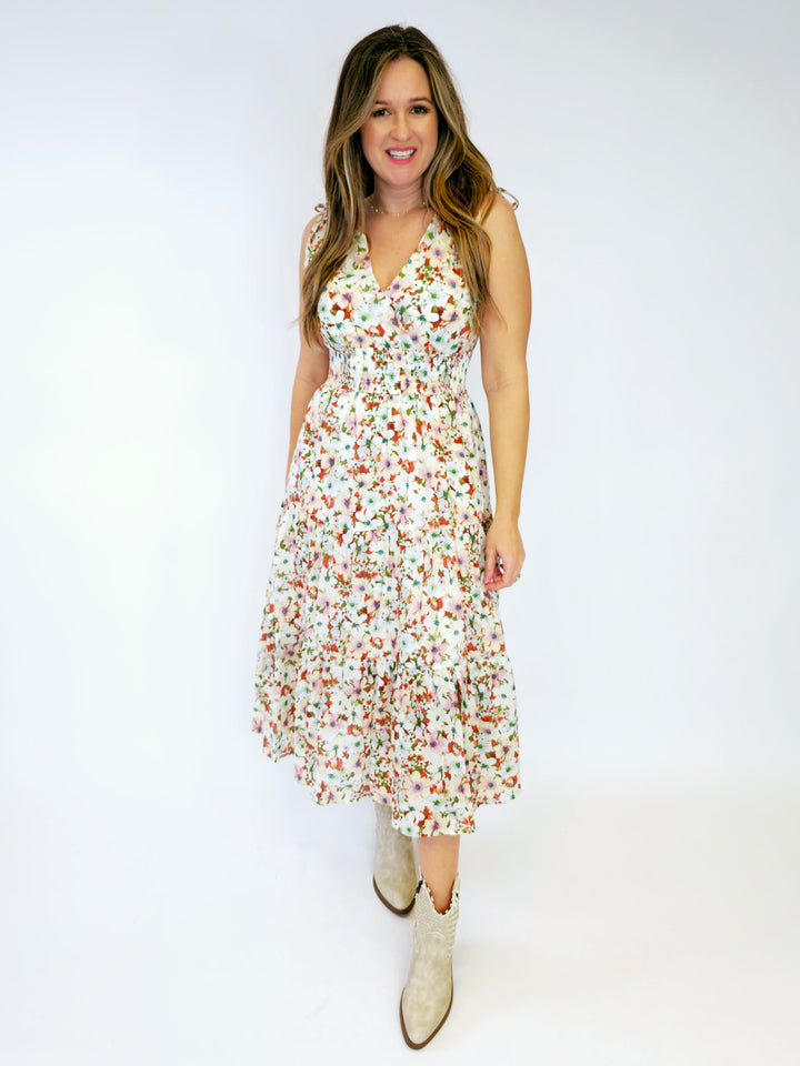 FLORAL V-NECK MIDI DRESS - POPPY