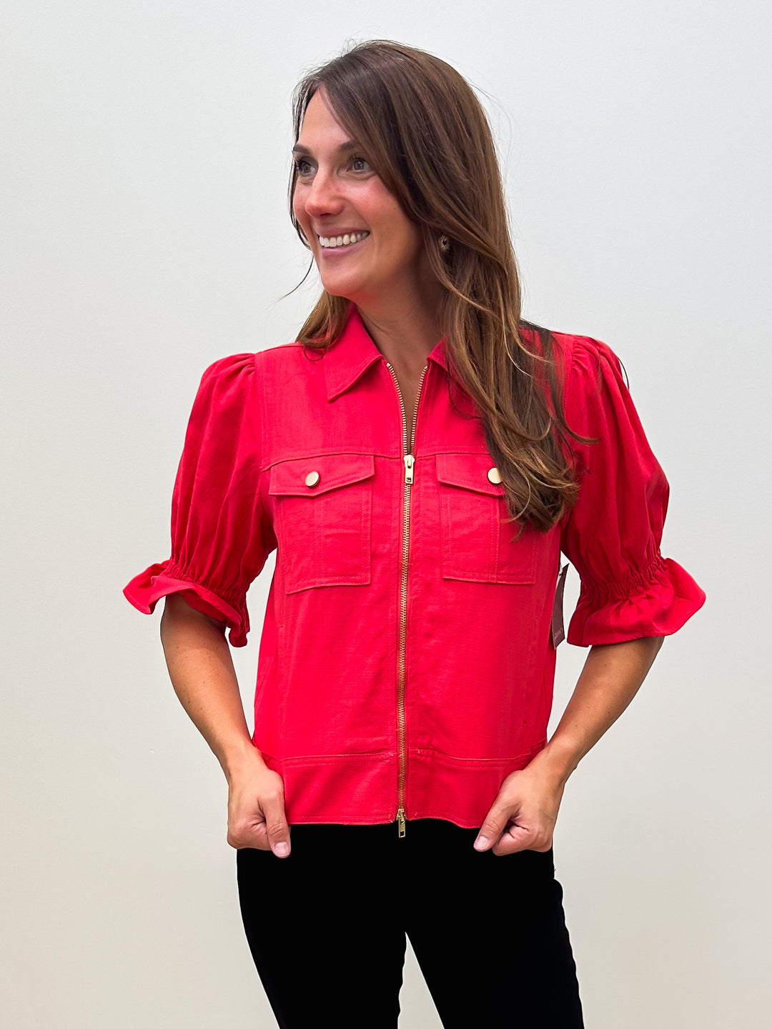 SELINE PUFF SLEEVE COLLARED ZIPPER FRONT JACKET - RED