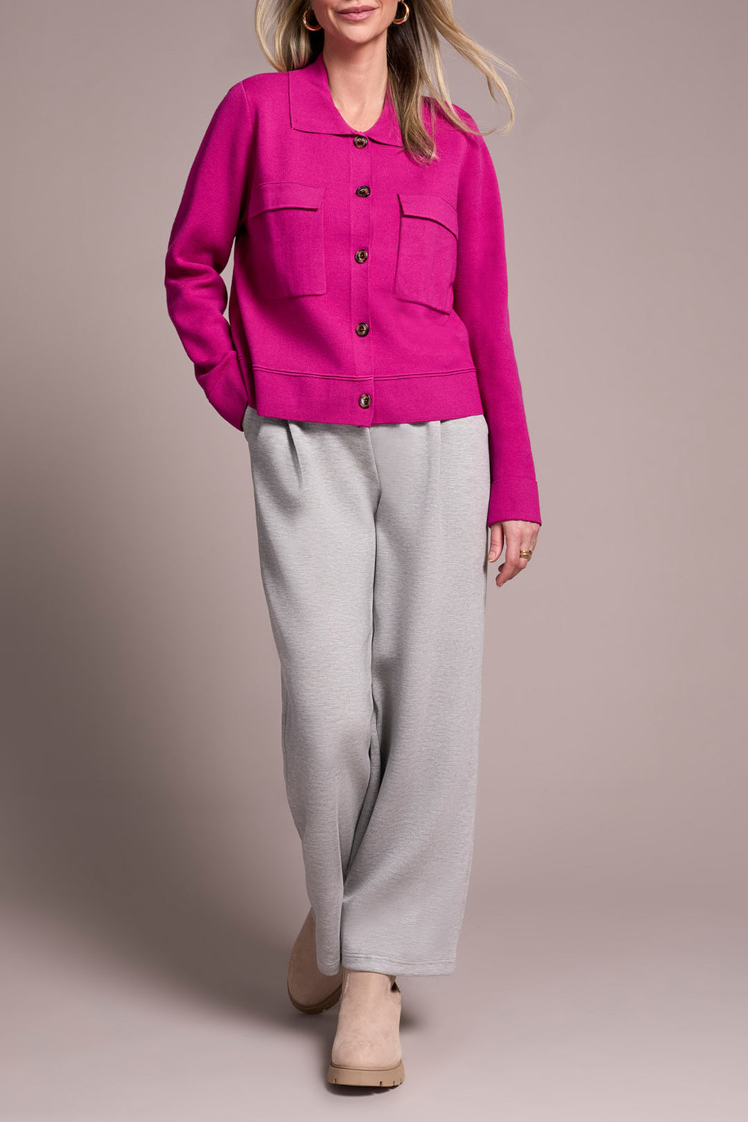 DOUBLE KNIT COLLARED SWEATER CARDIGAN - PINK FLAMBOYANT
