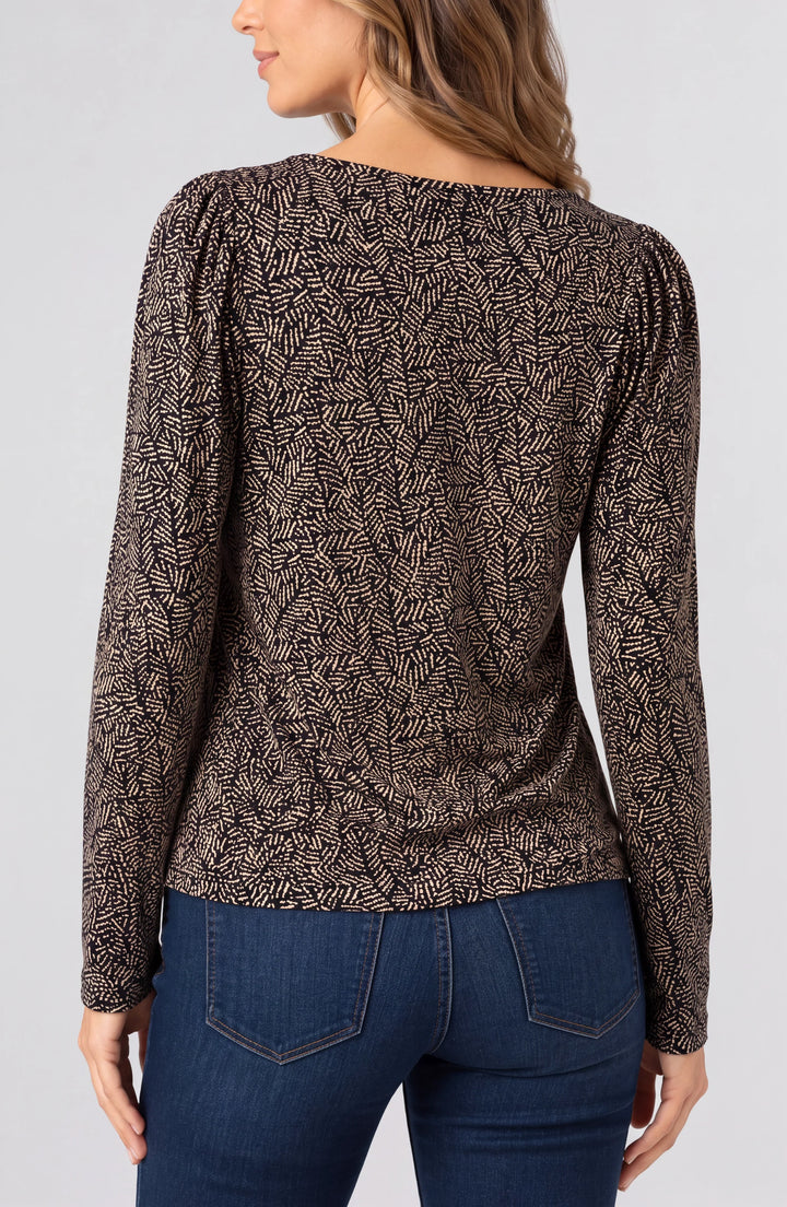 LONG SLEEVE JEWEL NECK KNIT TOP W/SHIRRING - TAN/BLACK