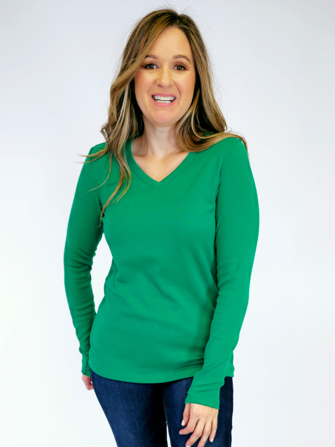 LEAH LONG SLEEVE V-NECK TOP - GREEN