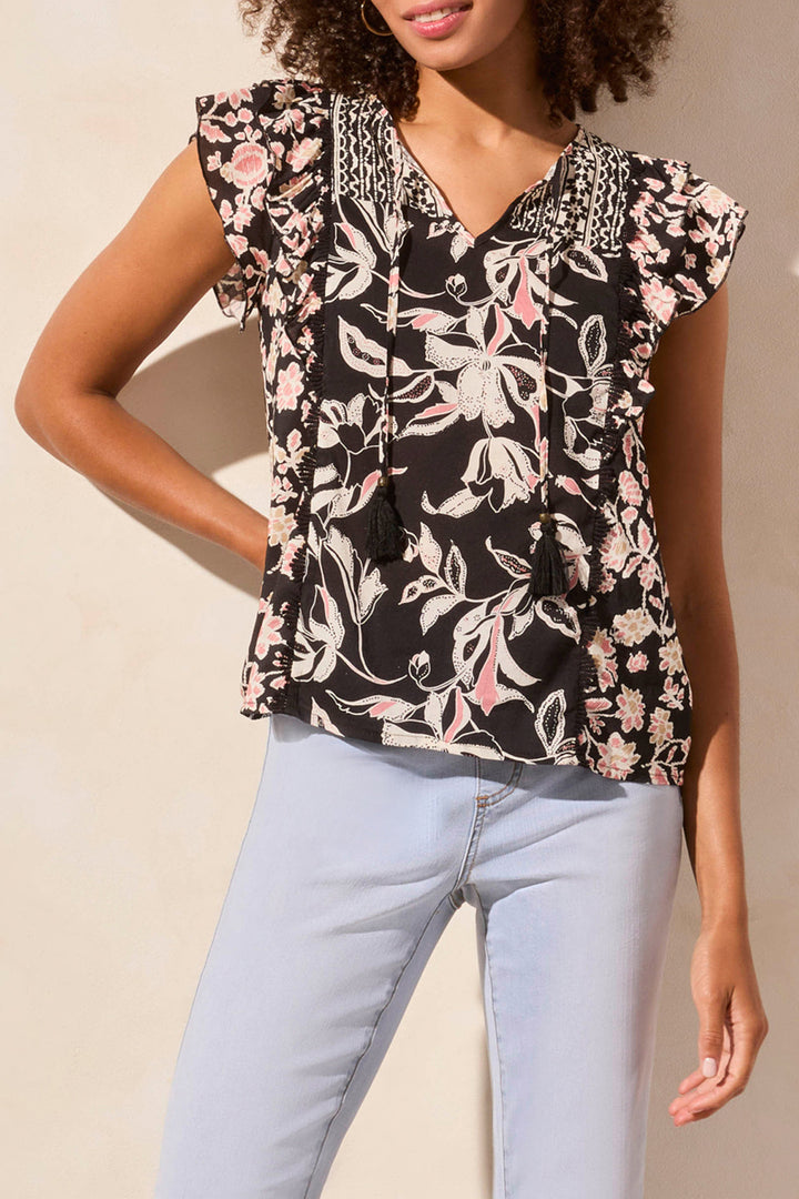 MIXED PRINT NOTCH NECK BLOUSE - COCOMILK/BLACK