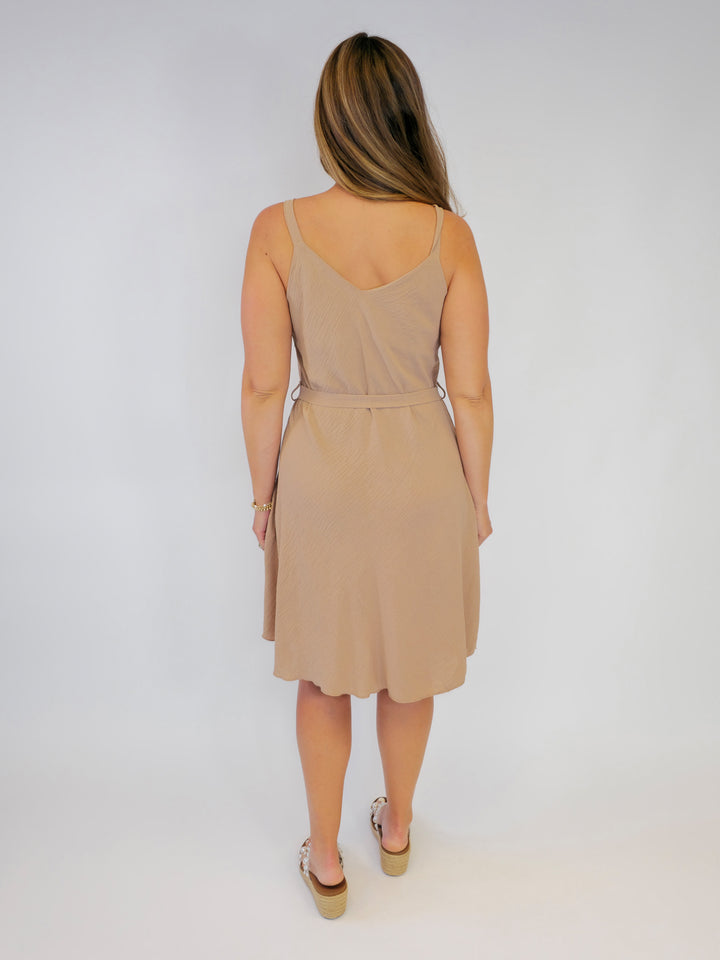 SOLID TANK SHORT DRESS W/TIE - BEIGE